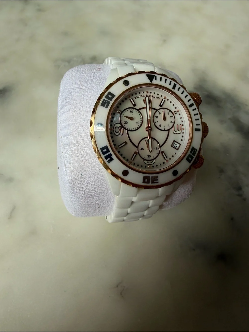 White Ceramic Chronograph Swiss Legend Watch with Rose Gold Accents